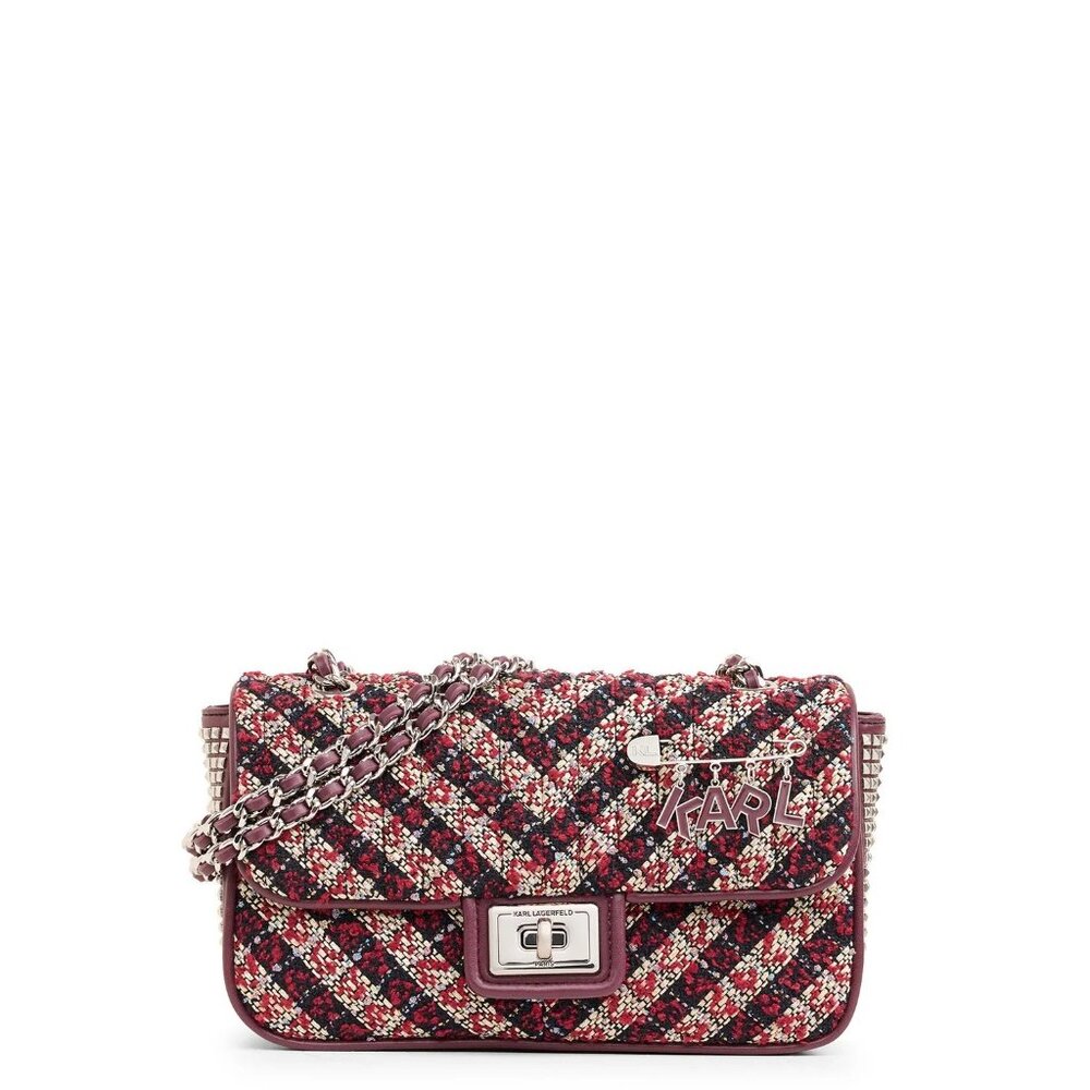 Karl Lagerfeld Agyness Tweed Crossbody Flap NWOT Convertible Wine Navy Luxury - Picture 12 of 16